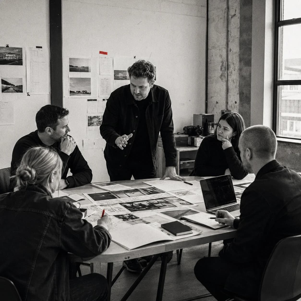 Creators reviewing work together in a formation room.